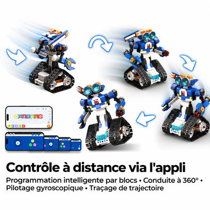 Vue éclatée d’un modèle RoboMax6™ sur chenilles montrant engrenages, moteur et module lumineux