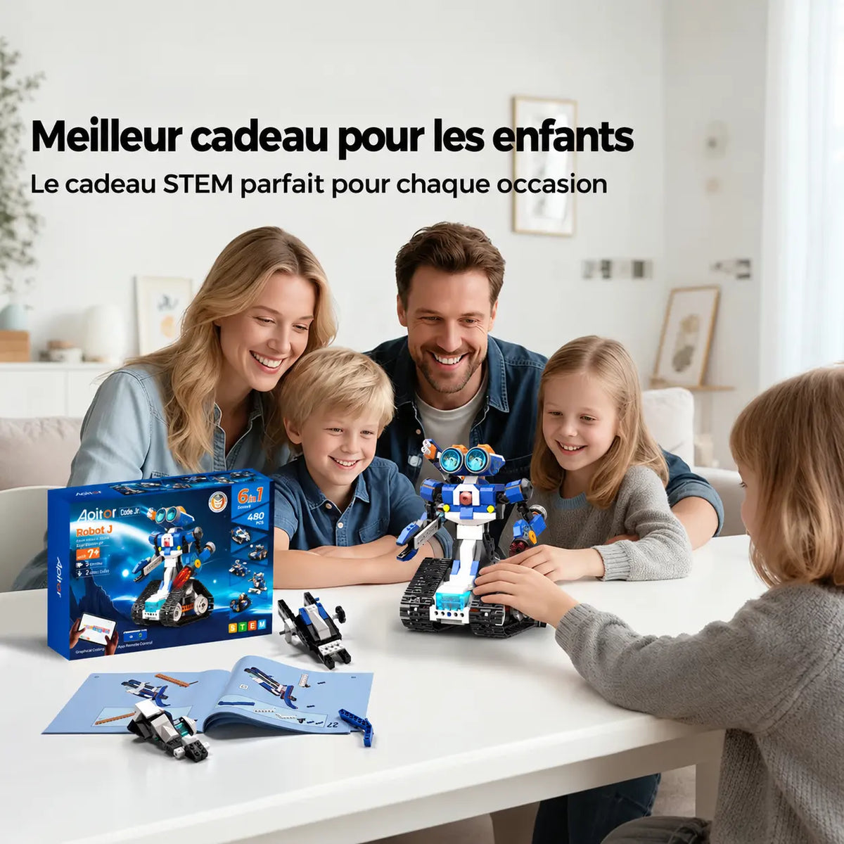 Famille réunie autour d’un modèle RoboMax6™ assemblé, avec la boîte et une notice sur la table
