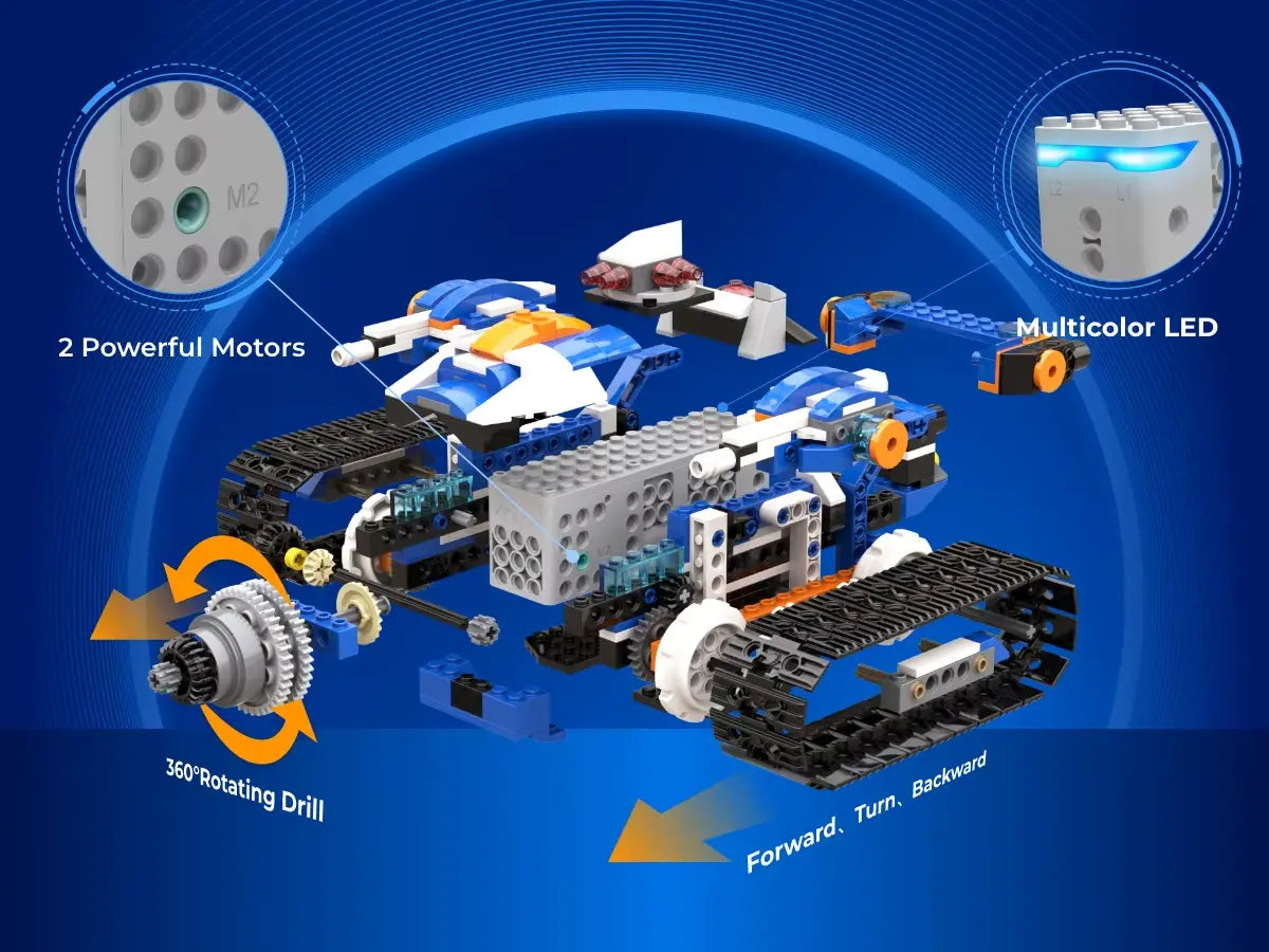 RoboMax6™ assemblé en robot bleu sur chenilles, avec d’autres modèles et une interface de codage par blocs