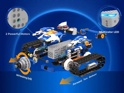RoboMax6™ assemblé en robot bleu sur chenilles, avec d’autres modèles et une interface de codage par blocs