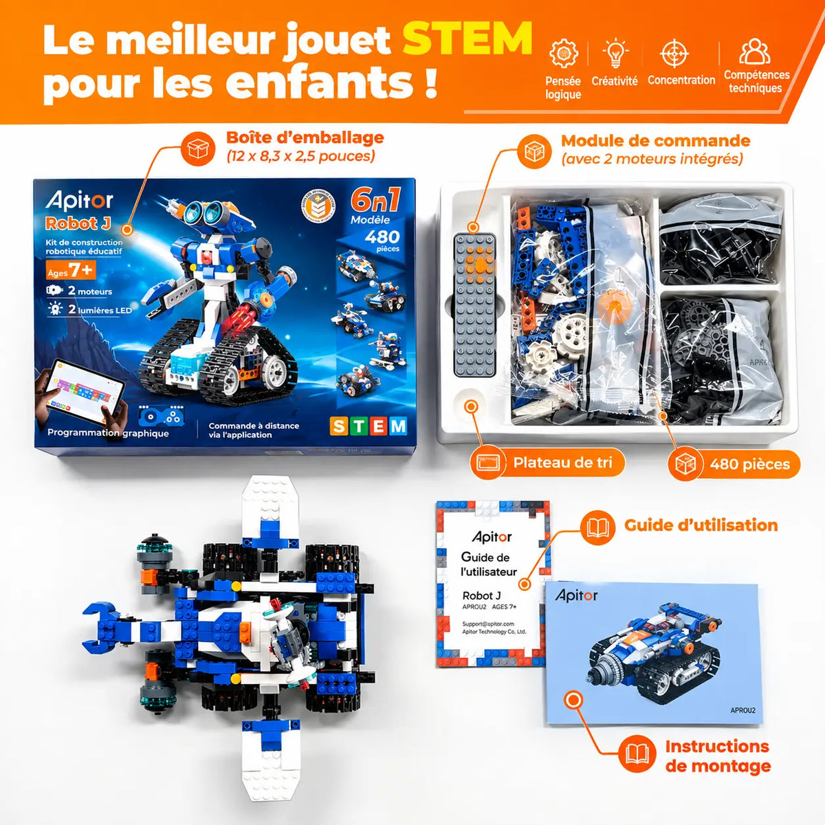 Kit robot programmable enfant RoboMax6™ : boîte 6-en-1, pièces, module à deux moteurs, plateau de tri et notices de montage