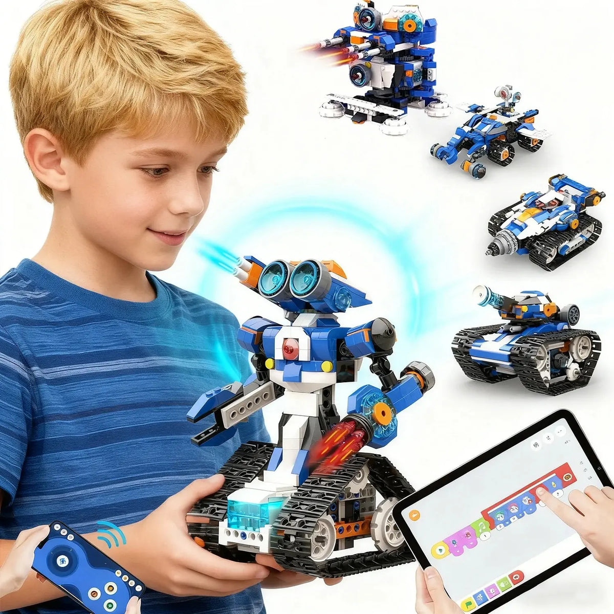 kit contient 480 pièces et une notice illustrée pour six modèles : robot humanoïde, tank, Mars Rover, Robo Car, Launcher et Drill Car