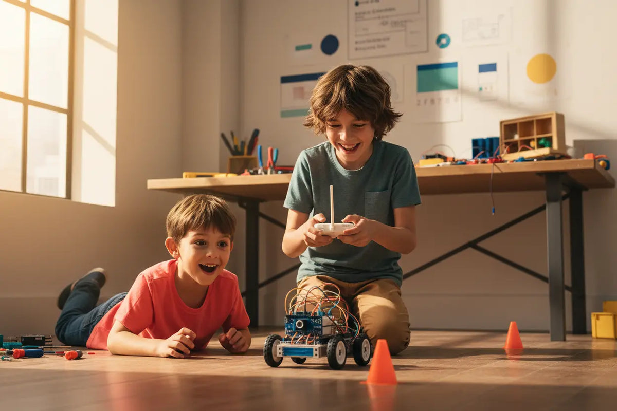 Deux enfants pilotant une voiture robot qu’ils ont assemblée dans un atelier éducatif