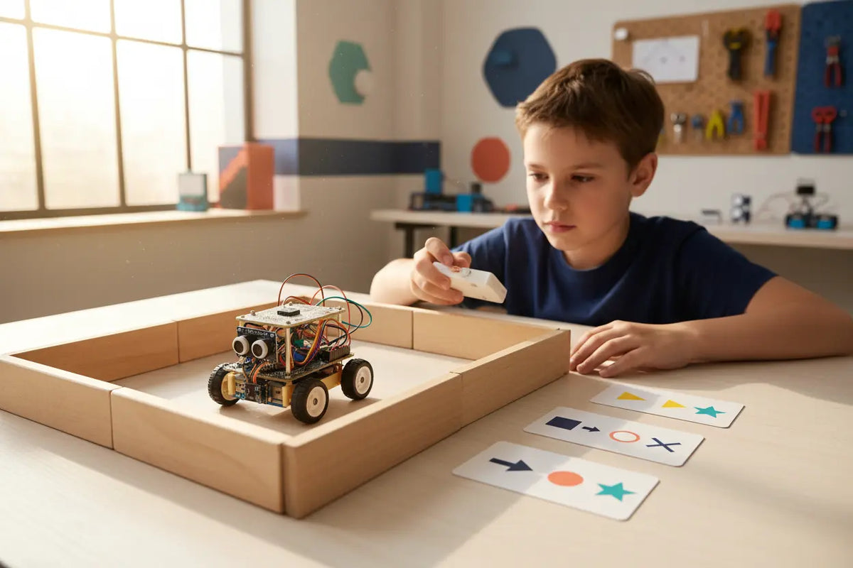 Enfant testant les déplacements d’une voiture robot dans un parcours avec obstacles