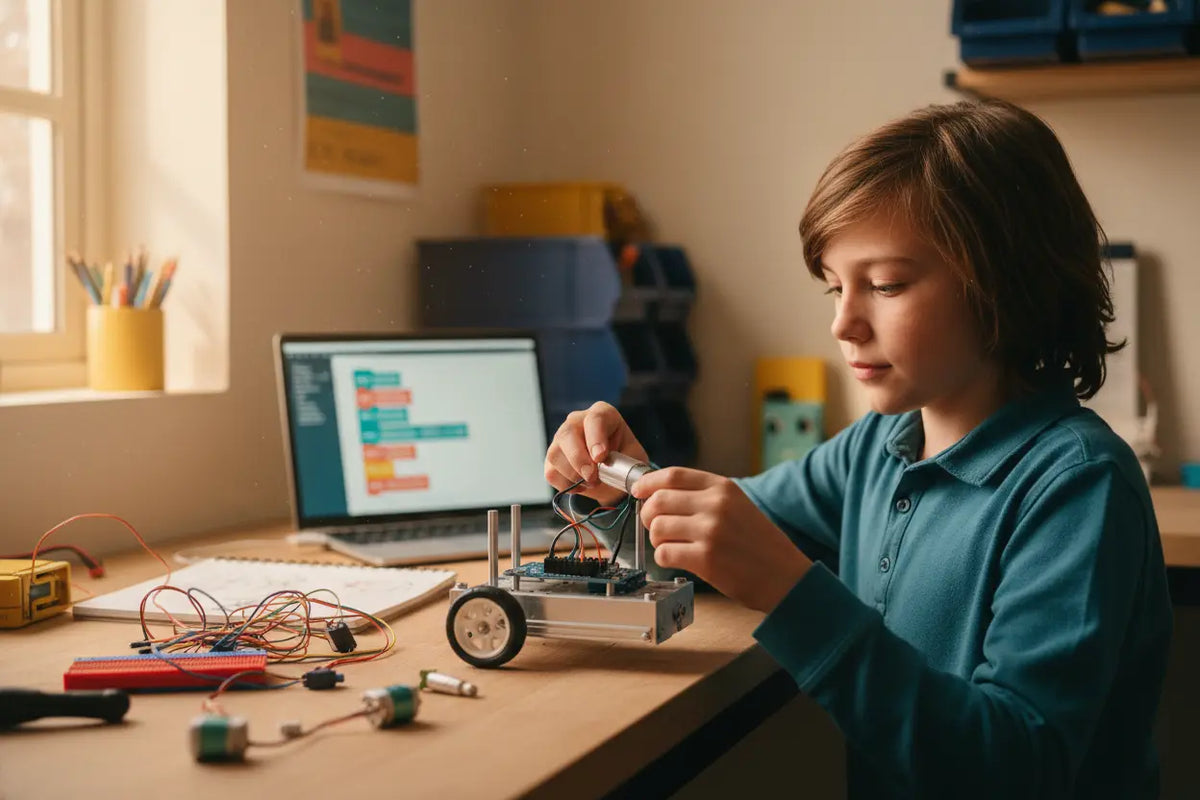 Enfant connectant un capteur à une voiture robot éducative dans un atelier STEM