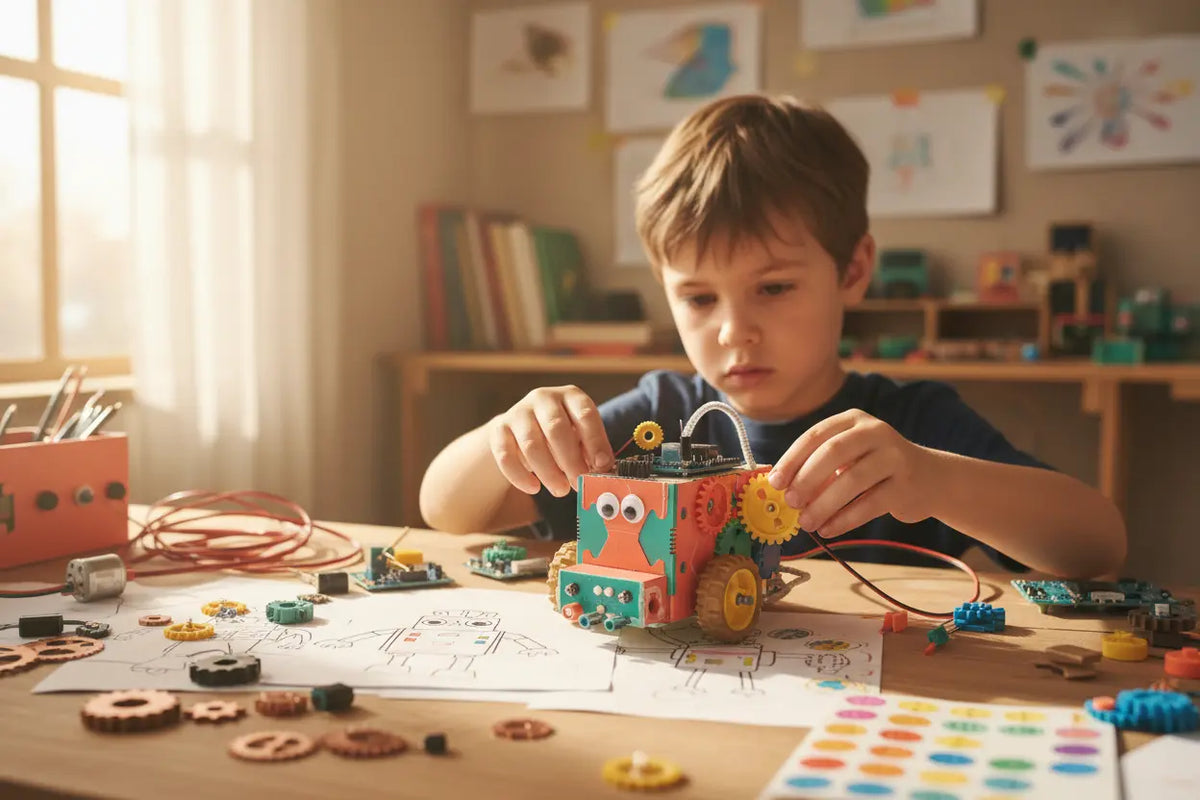 Enfant personnalisant une voiture robot avec des pièces colorées et des composants électroniques