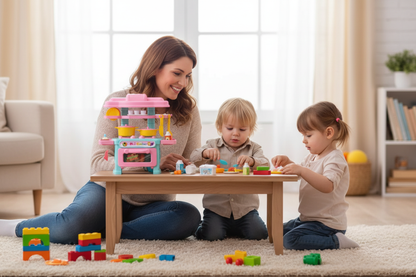 Scène de vie Karine, Chloé et Louis - mini cuisine jouet
