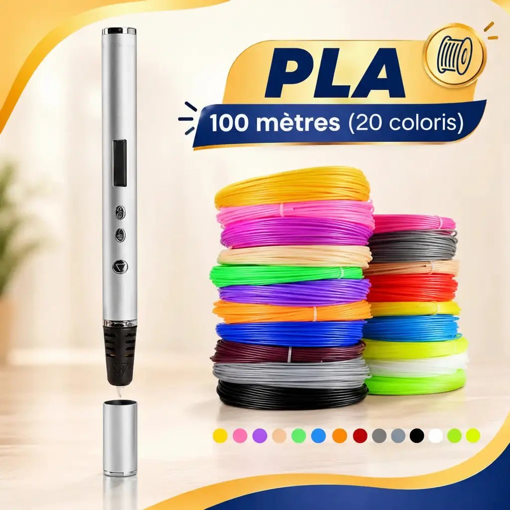Stylo 3D couleur argent avec 100 mètres de filament PLA en 20 coloris, idéal pour l'éveil créatif enfant