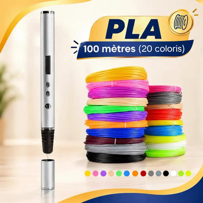 Stylo 3D couleur argent avec 100 mètres de filament PLA en 20 coloris, idéal pour l'éveil créatif enfant