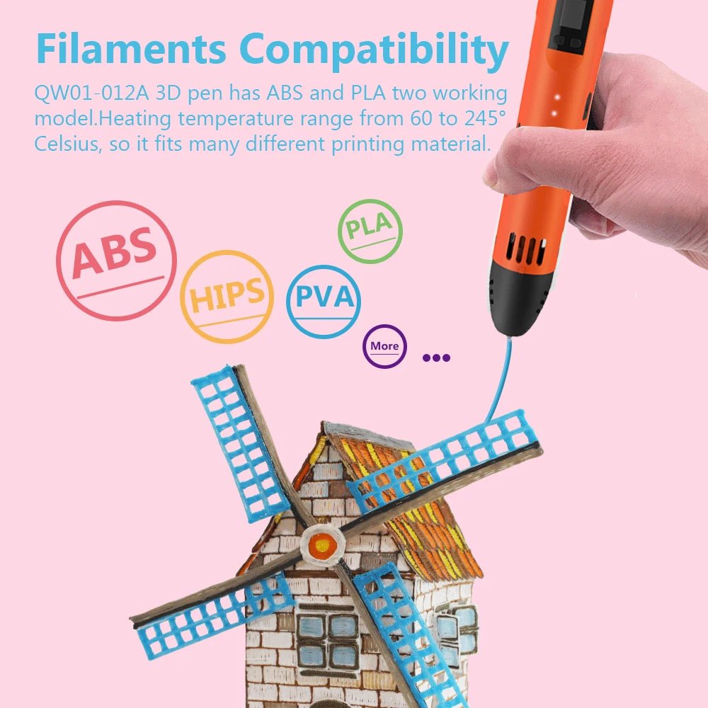 Stylo 3D enfant Créa-Max compatible ABS et PLA, plage de température 60 à 245 degrés Celsius, moulin en filament coloré