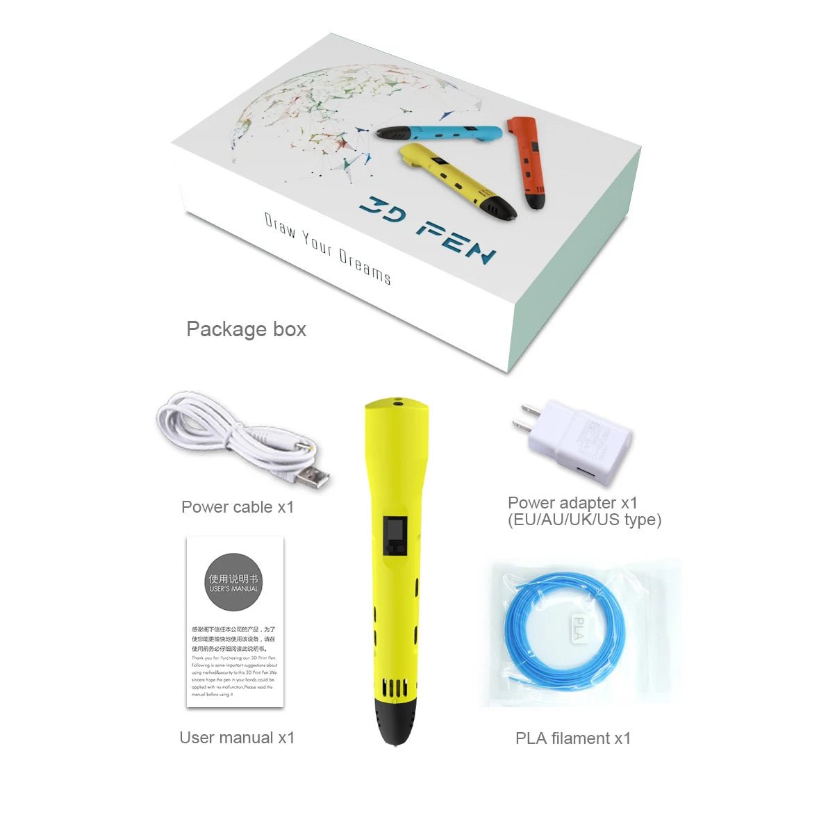Kit stylo 3D enfant jaune complet avec boîte, câble USB, adaptateur secteur EU, manuel et filament PLA, dès 6 ans