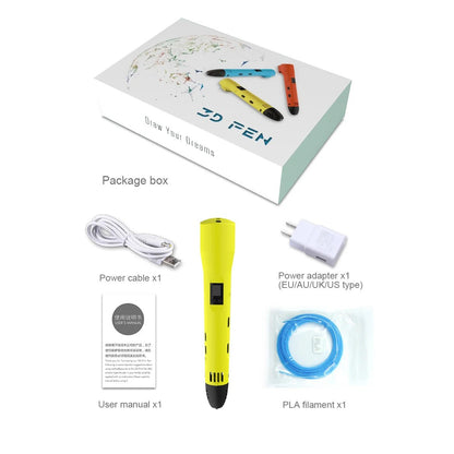 Kit stylo 3D enfant jaune complet avec boîte, câble USB, adaptateur secteur EU, manuel et filament PLA, dès 6 ans