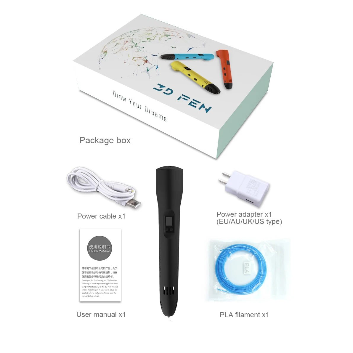 Kit stylo 3D enfant noir complet avec boîte, câble USB, adaptateur secteur EU, manuel et filament PLA, dès 6 ans
