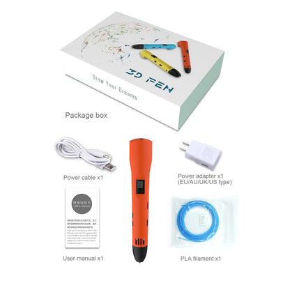 Contenu kit stylo 3D enfant rouge : boîte Draw Your Dreams, câble USB, adaptateur, manuel et filament PLA inclus