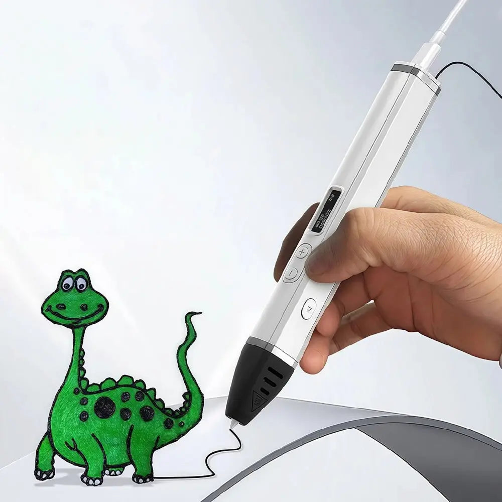 Enfant créant un dinosaure vert en 3D avec le stylo Créatif-Pro