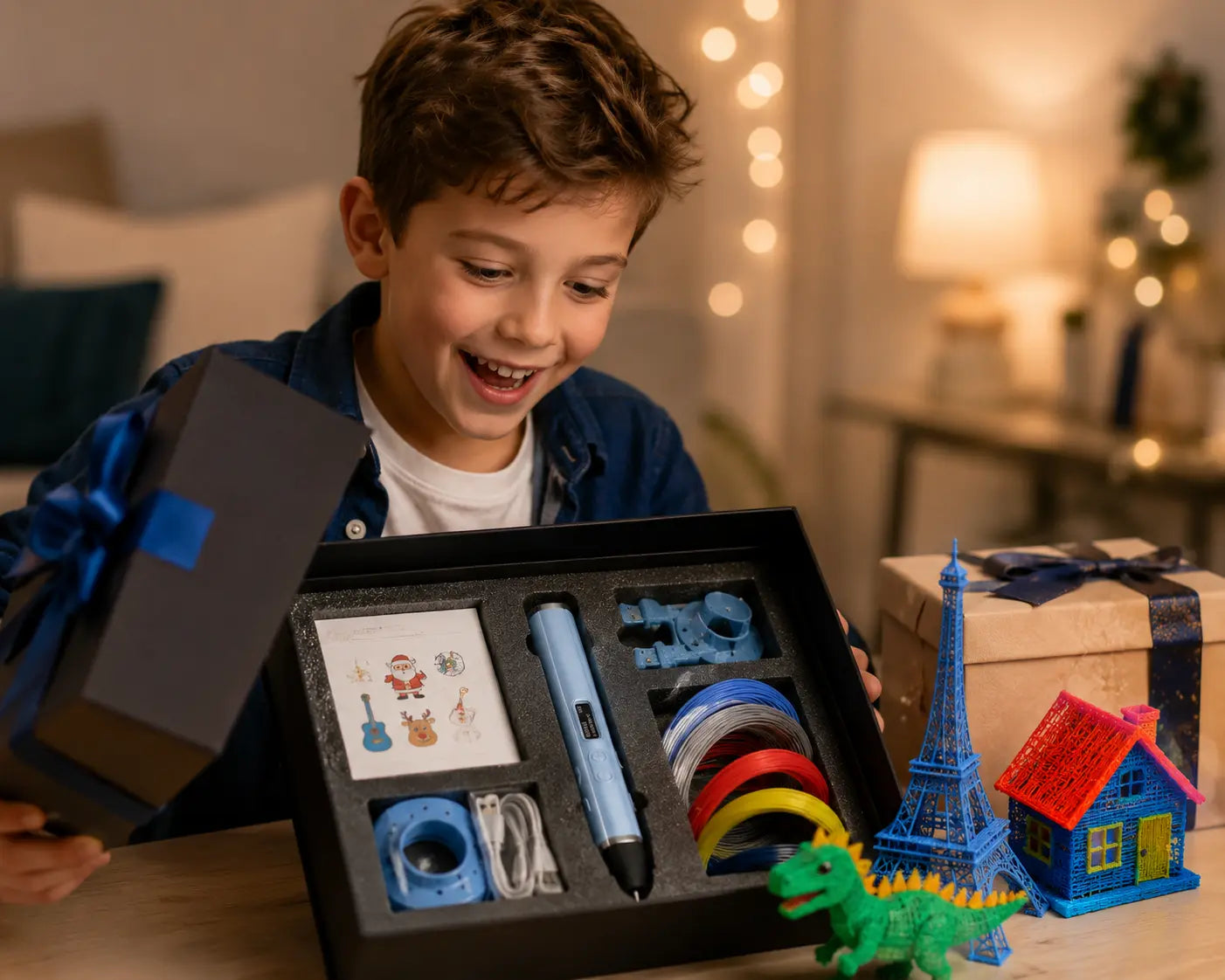 Enfant découvrant son kit stylo 3D Créatif-Pro en cadeau avec filaments et créations
