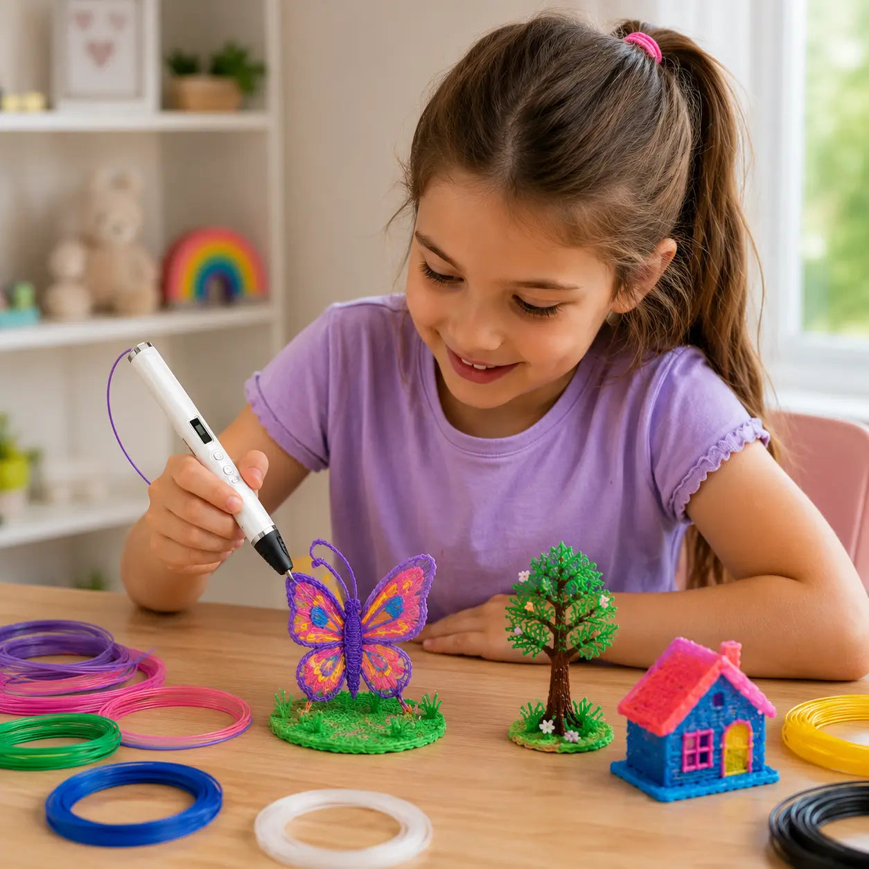 Fille créant un papillon coloré en 3D avec le stylo Créatif-Pro et filaments multicolores