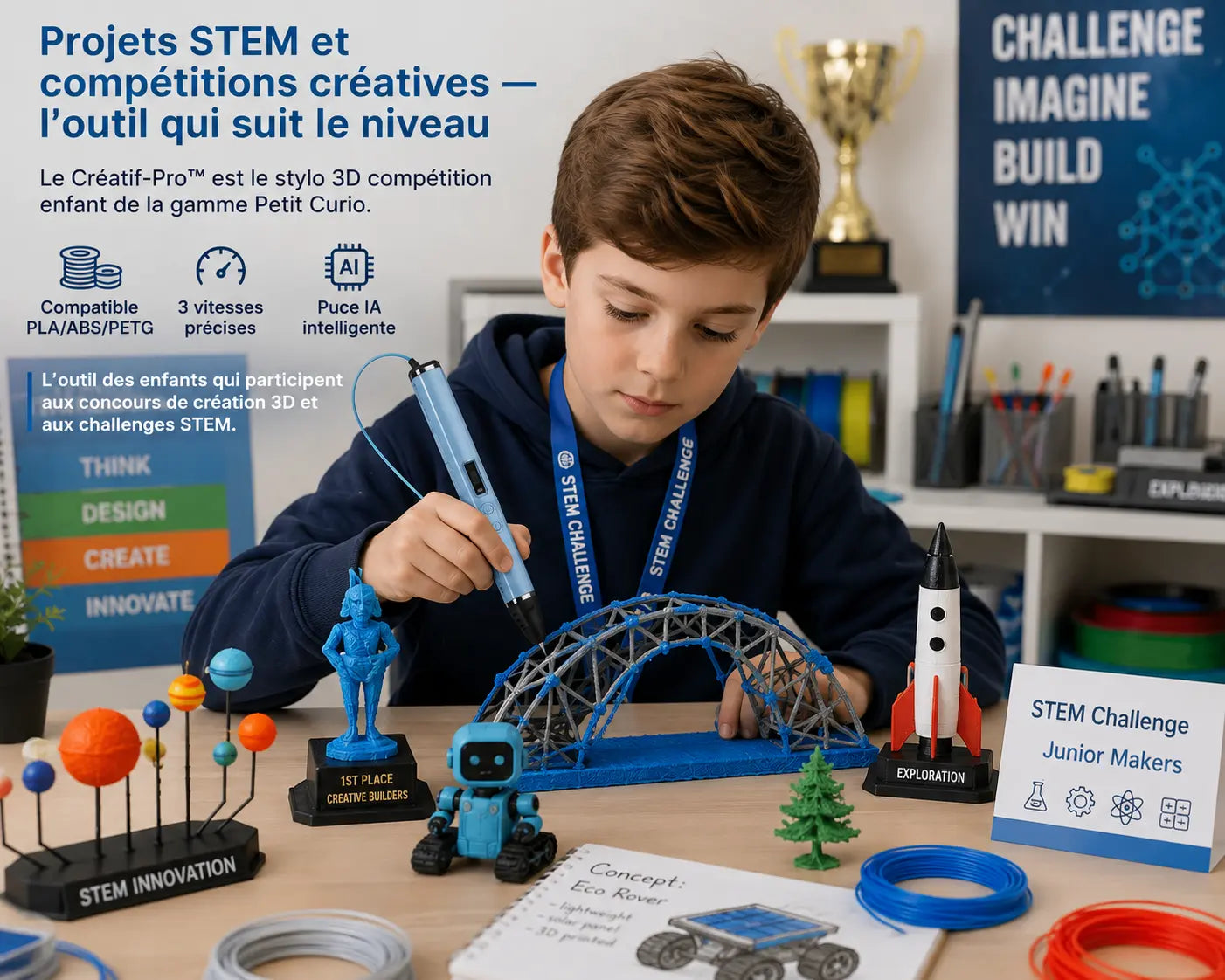 Enfant réalisant des projets STEM avec stylo 3D Créatif-Pro pont fusée robot