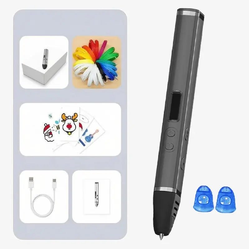 Kit stylo 3D enfant Créatif-Pro gris avec filament 10 couleurs et accessoires