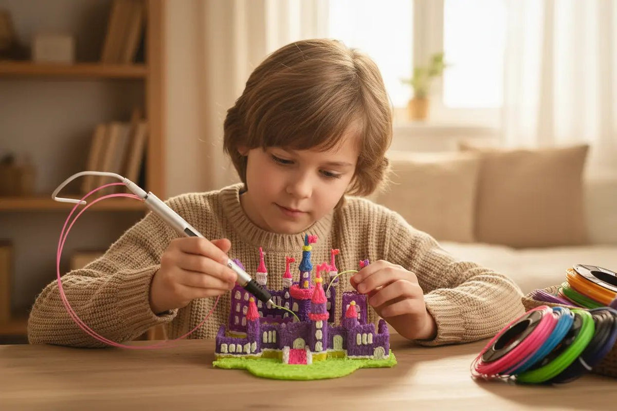 Enfant créant une sculpture de château en filament PLA coloré avec un stylo 3D, ambiance chaleureuse maison