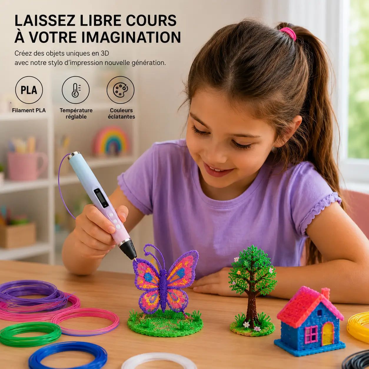 Fille créant un papillon en 3D avec le stylo Curio-Art filament PLA multicolore