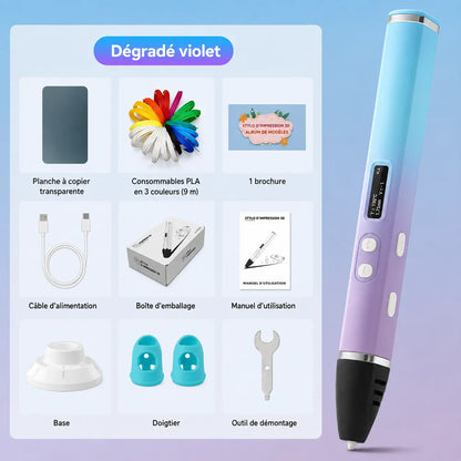 Kit stylo 3D enfant Curio-Art dégradé violet avec filament PLA 3 couleurs et accessoires