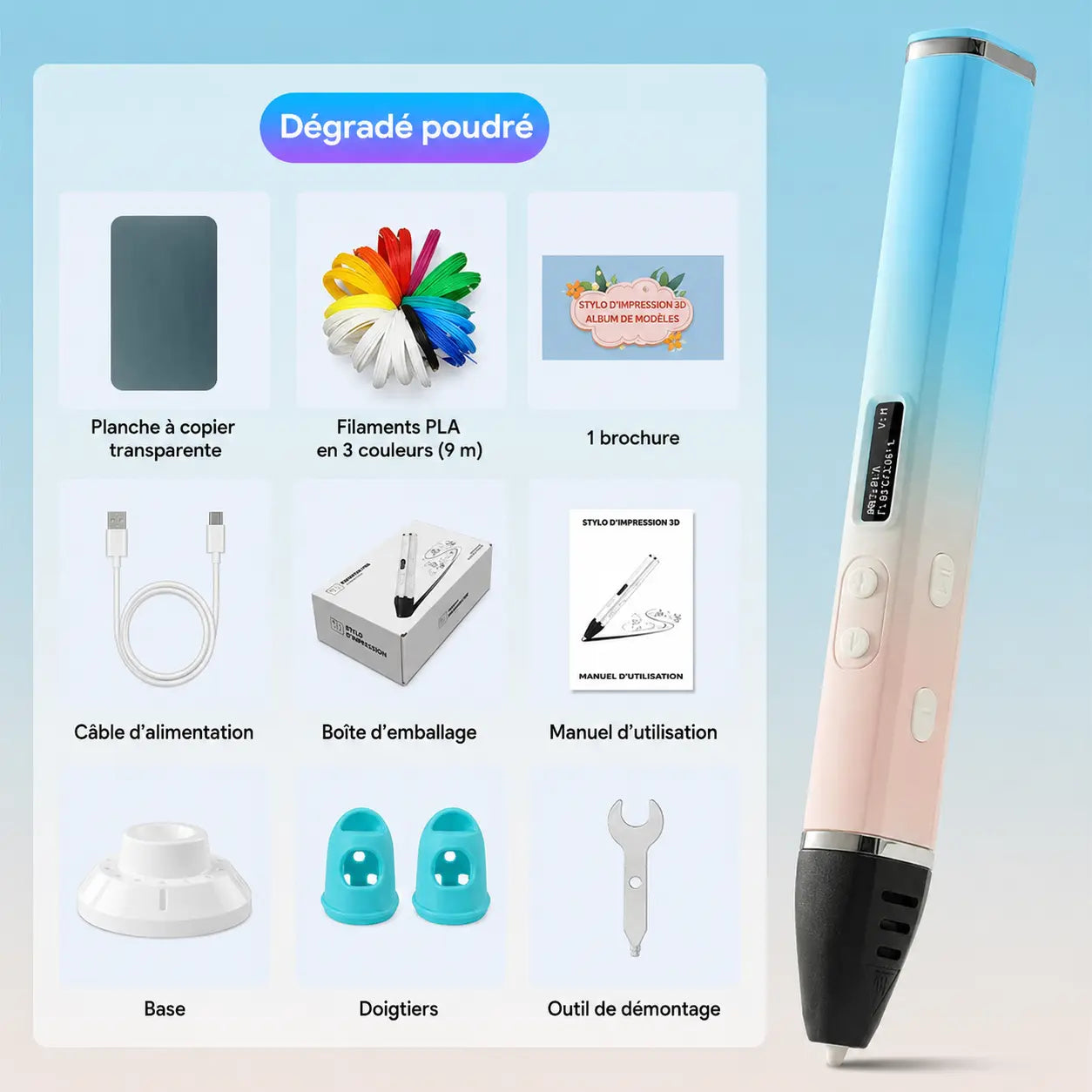 Kit stylo 3D enfant Curio-Art dégradé rose poudré filament PLA doigtiers et outil