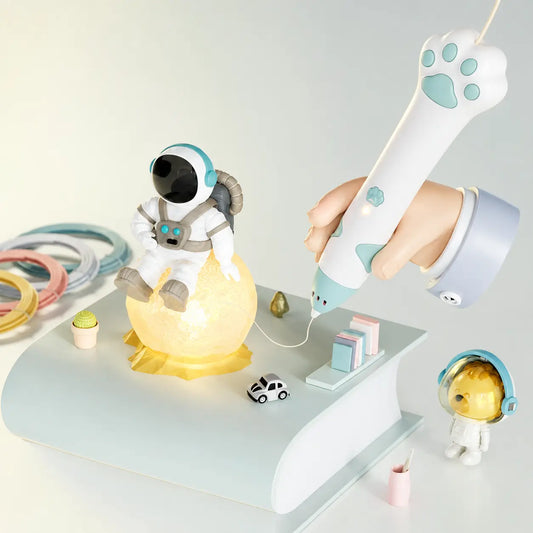 Stylo 3D enfant design chat — patte de chat PCL 40 degres, batterie 45min, des 6 ans