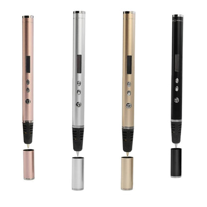 Stylo 3D enfant en 4 coloris : rose gold, argent, or et noir, avec écran LCD et 3 boutons de contrôle