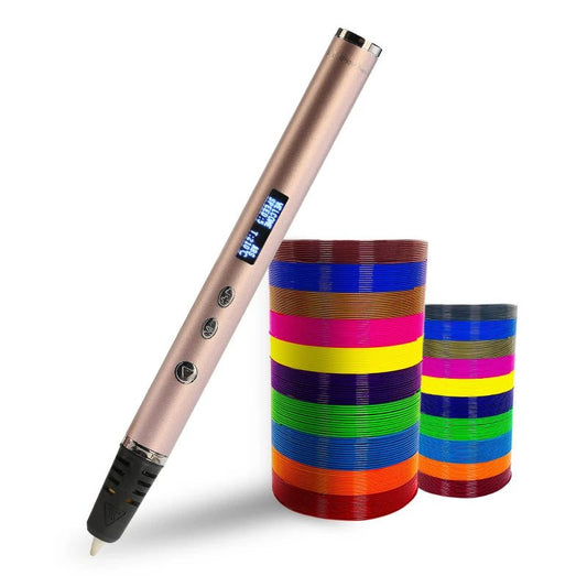 Stylo 3D or avec bobines de filament PLA multicolores, design élégant pour enfant créatif