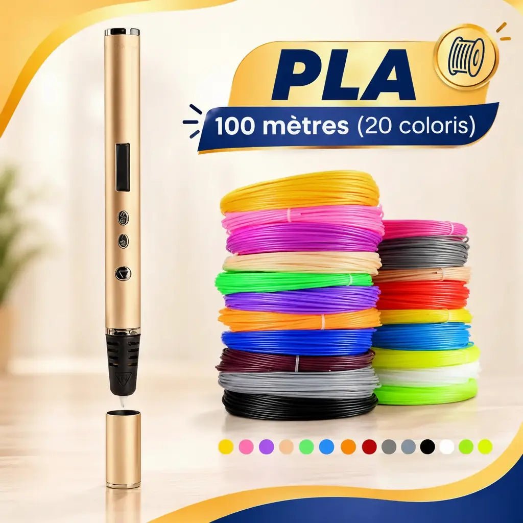 Stylo 3D couleur or avec 100 mètres de filament PLA en 20 coloris, pack créatif enfant Petit Curio