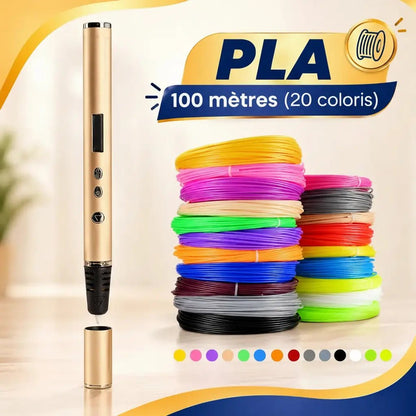 Stylo 3D couleur or avec 100 mètres de filament PLA en 20 coloris, pack créatif enfant Petit Curio