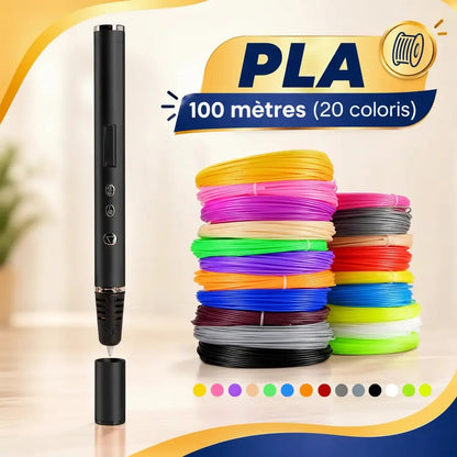 Stylo 3D couleur noir avec 100 mètres de filament PLA en 20 coloris, activité manuelle sans écran enfant