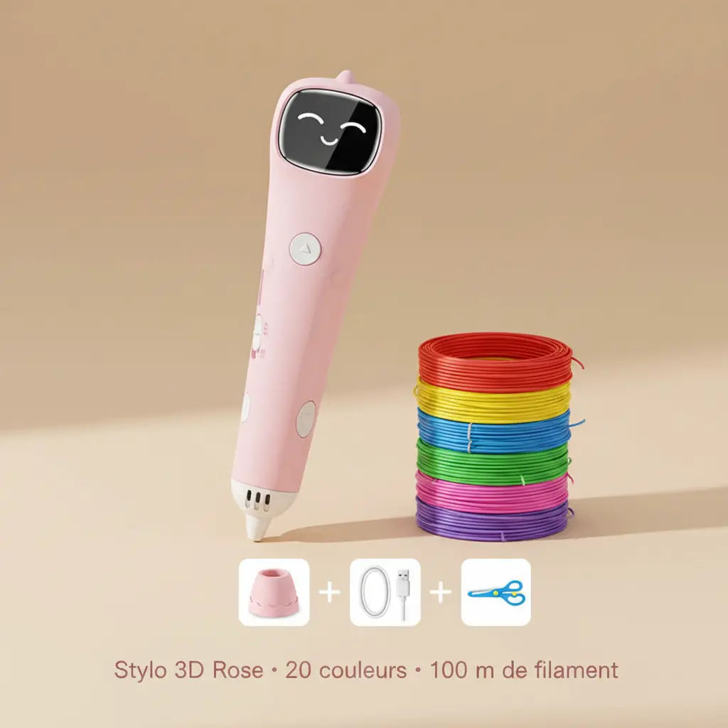 Kit stylo 3D rose enfant filament PCL 100 m 20 couleurs