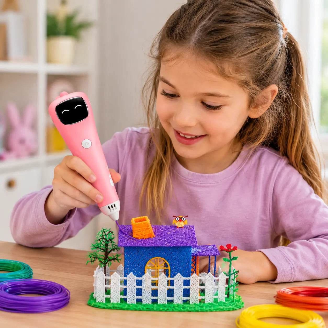 Enfant utilisant un stylo 3D rose pour créer une maison colorée