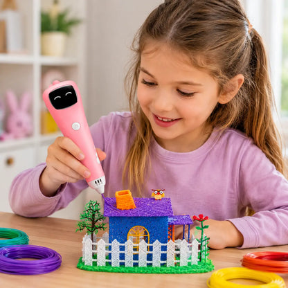 Enfant utilisant un stylo 3D rose pour créer une maison colorée