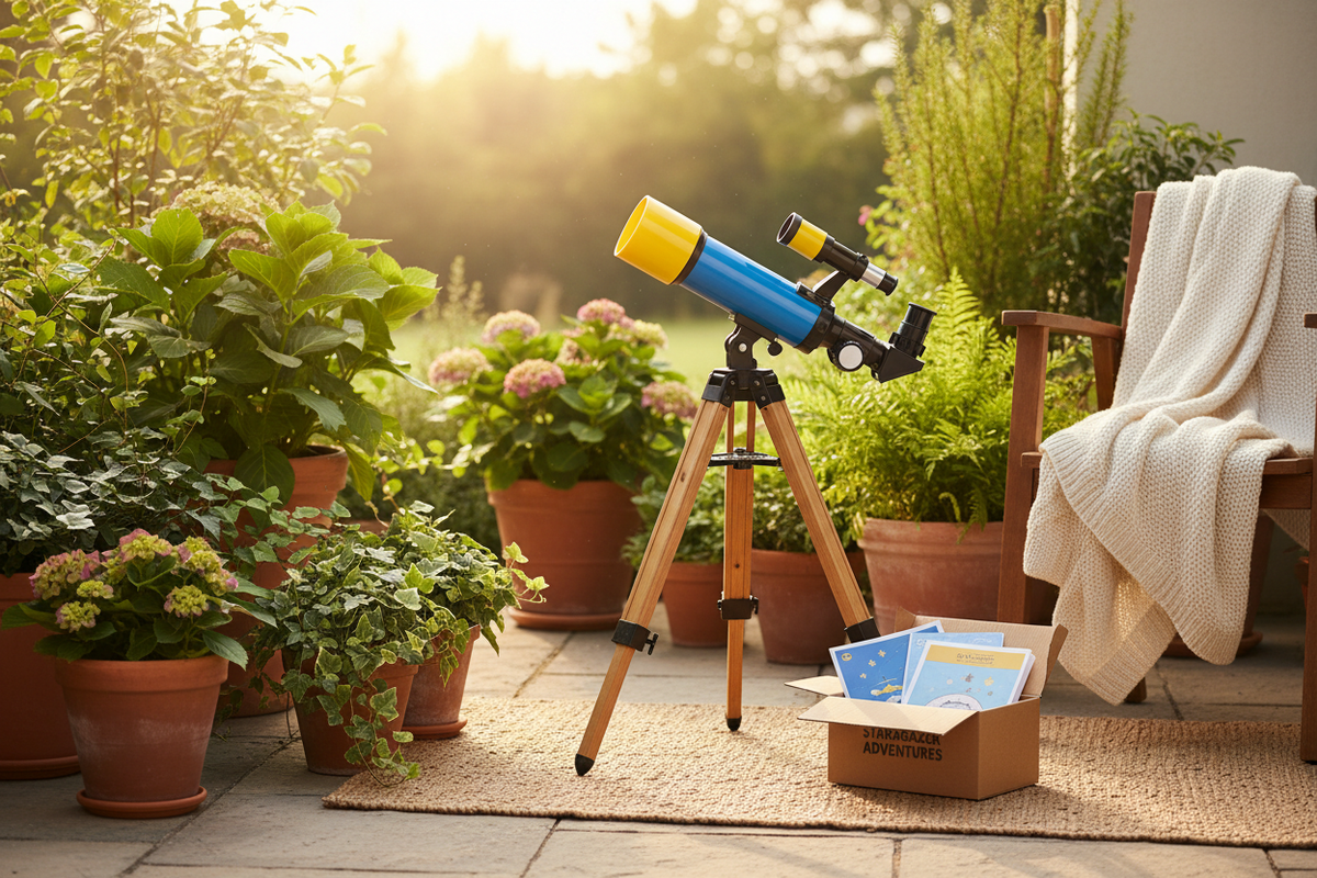 Télescope enfant dans un jardin