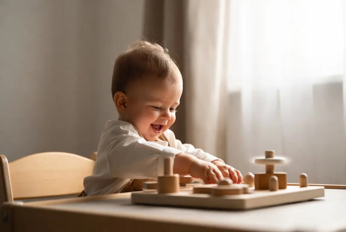 Bébé de 12 mois explorant activement les activités d'une table debout