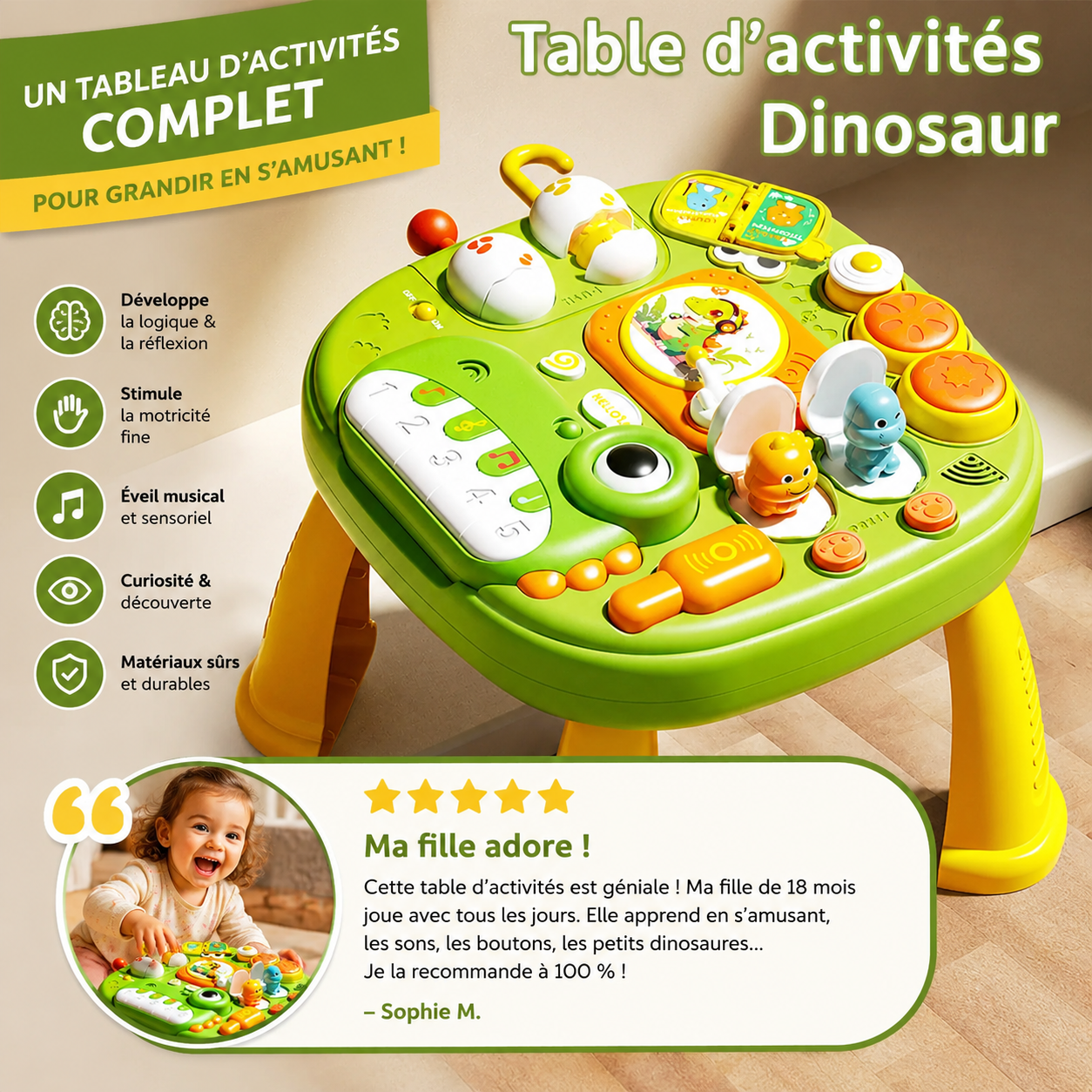 Table d'activité bébé Montessori DinoBoard avec musique et cache-cache - Petit Curio