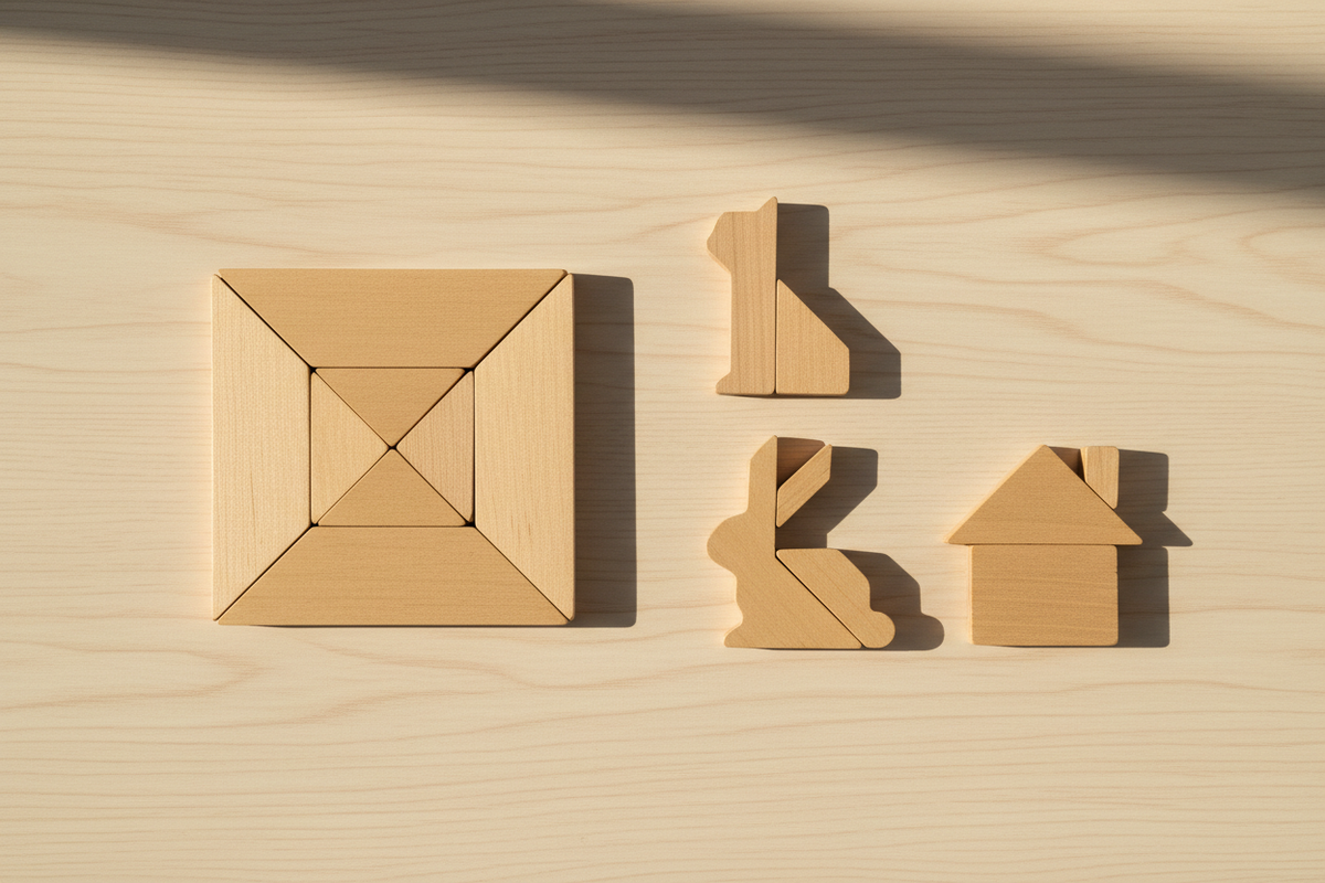 Tangram en bois — formes assemblées
