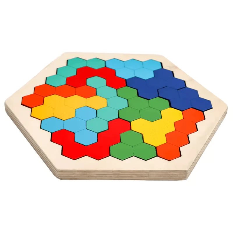 Tangram Montessori en bois LogiWood avec pieces colorées et modeles à reproduire
