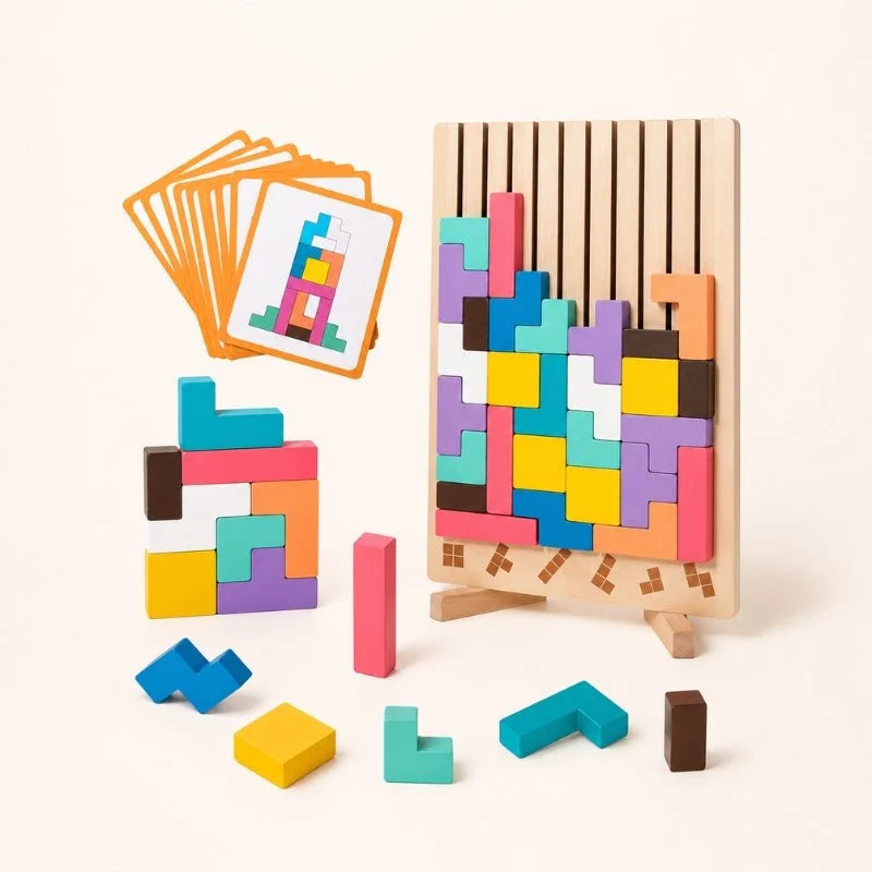 Puzzle en bois TetrisMosa avec plateau vertical, blocs multicolores et cartes modèles pour composer des figures