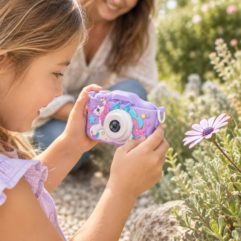 Enfant photographiant une fleur avec l’appareil photo licorne UniCam violet, accompagné d’un parent au jardin.