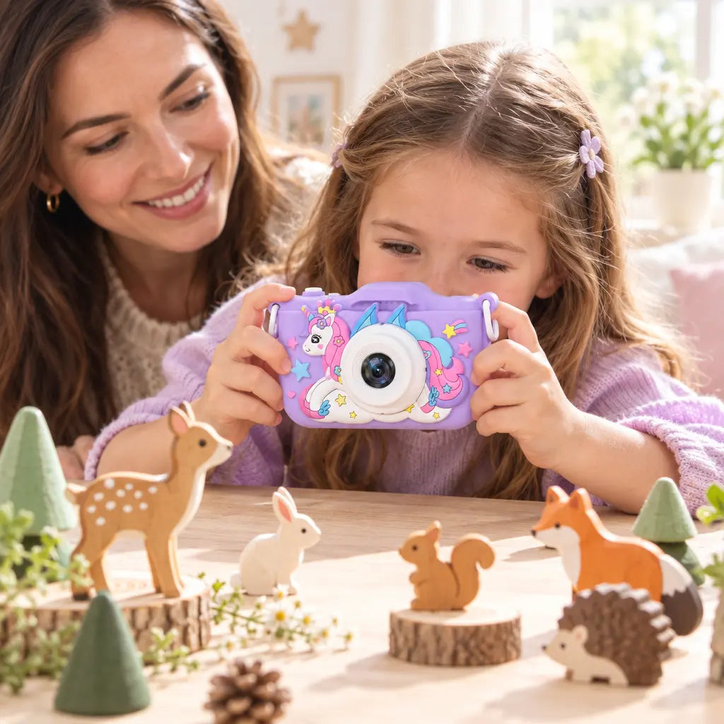 Enfant mettant en images une scène de figurines avec l’appareil photo licorne UniCam violet, auprès d’un parent.