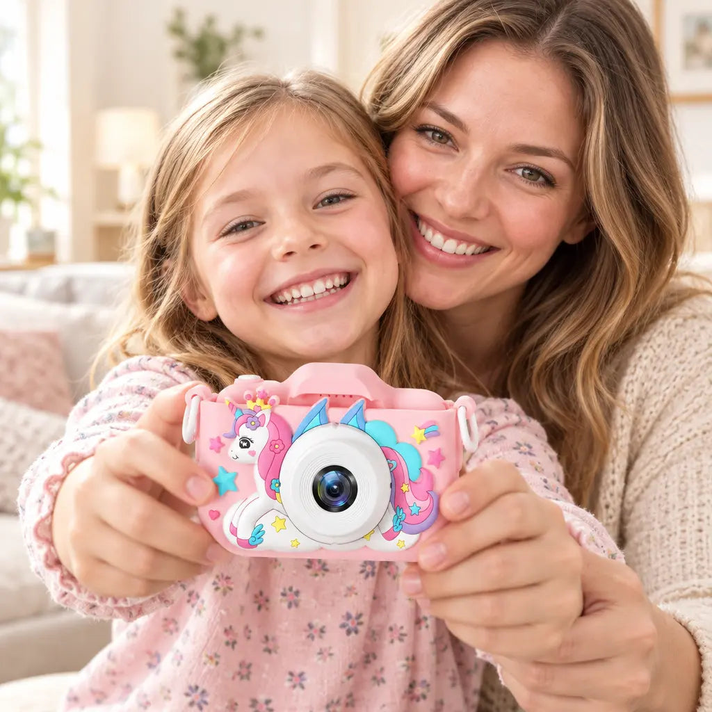 Enfant et parent préparant un selfie ensemble avec l’appareil photo licorne UniCam rose.