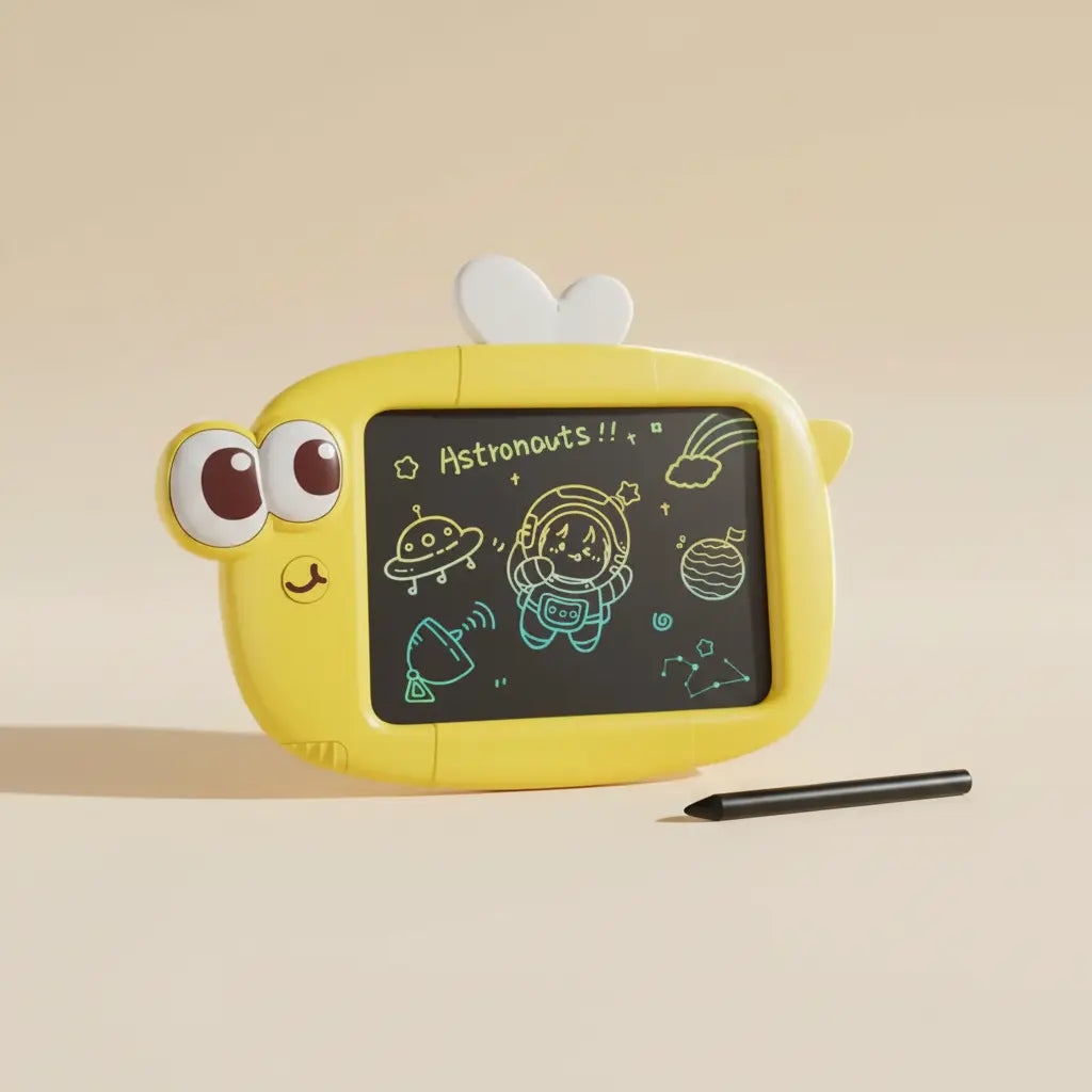 Ardoise magique pour bébé Petit-Artisto jaune avec écran LCD et stylet sur fond beige