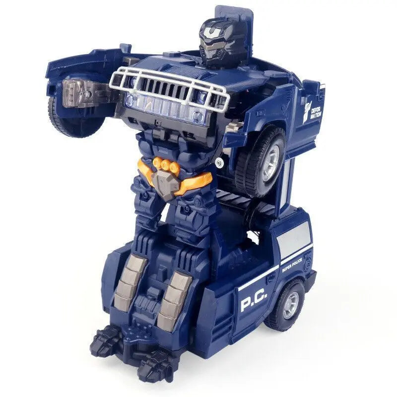 Robot-Police™ bleu en forme robot, avec roues sur les bras et éléments de voiture de police sur le corps