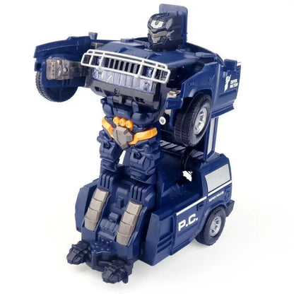 Robot-Police™ bleu en forme robot, avec roues sur les bras et éléments de voiture de police sur le corps