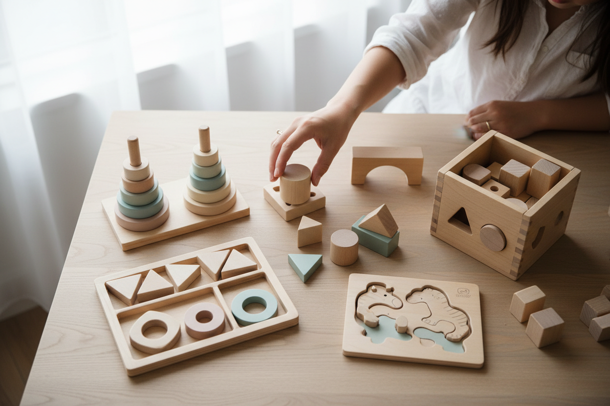 Vue plongeante jouets Montessori en bois